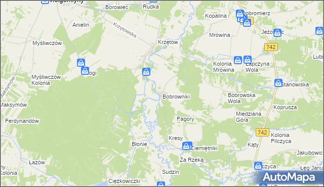 mapa Bobrowniki gmina Kluczewsko, Bobrowniki gmina Kluczewsko na mapie Targeo