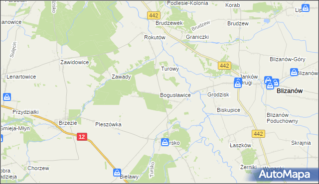 mapa Bogusławice gmina Gołuchów, Bogusławice gmina Gołuchów na mapie Targeo