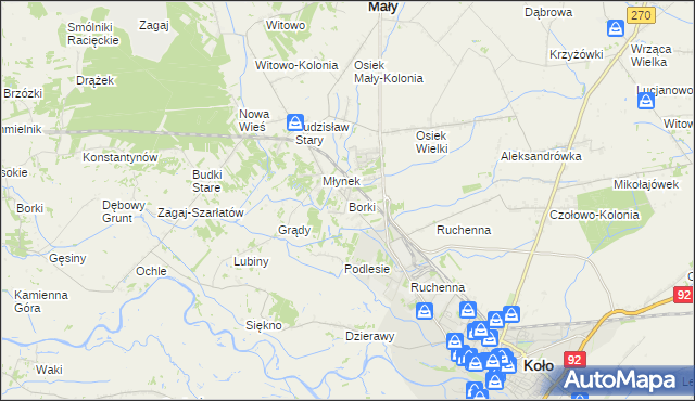 mapa Borki gmina Koło, Borki gmina Koło na mapie Targeo