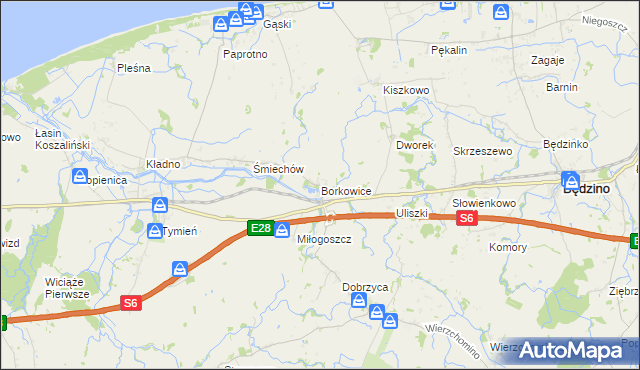 mapa Borkowice gmina Będzino, Borkowice gmina Będzino na mapie Targeo