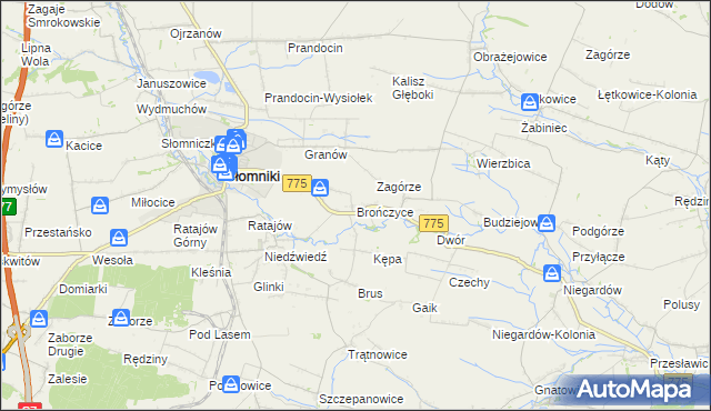 mapa Brończyce gmina Słomniki, Brończyce gmina Słomniki na mapie Targeo