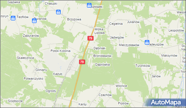 mapa Bronisławów gmina Tarłów, Bronisławów gmina Tarłów na mapie Targeo