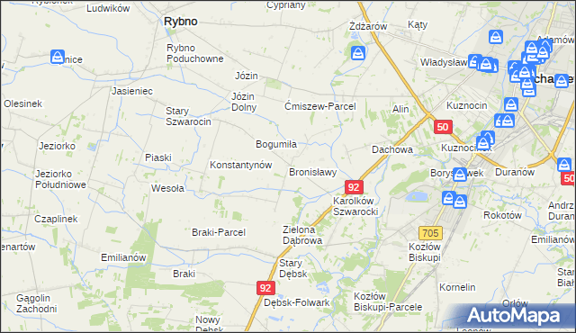 mapa Bronisławy gmina Rybno, Bronisławy gmina Rybno na mapie Targeo