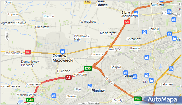 mapa Bronisze gmina Ożarów Mazowiecki, Bronisze gmina Ożarów Mazowiecki na mapie Targeo