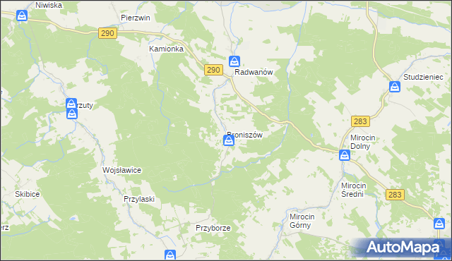 mapa Broniszów gmina Kożuchów, Broniszów gmina Kożuchów na mapie Targeo