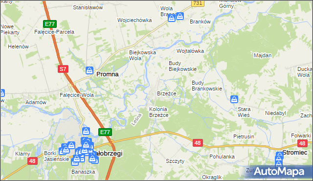 mapa Brzeźce gmina Białobrzegi, Brzeźce gmina Białobrzegi na mapie Targeo
