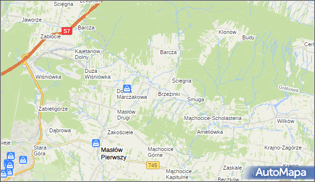 mapa Brzezinki gmina Masłów, Brzezinki gmina Masłów na mapie Targeo