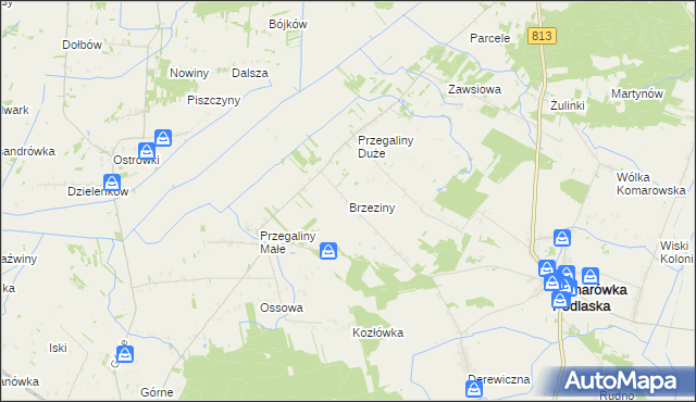 mapa Brzeziny gmina Komarówka Podlaska, Brzeziny gmina Komarówka Podlaska na mapie Targeo