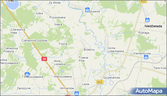 mapa Brzeziny gmina Lubartów, Brzeziny gmina Lubartów na mapie Targeo