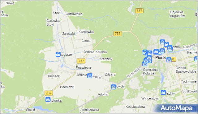 mapa Brzeziny gmina Pionki, Brzeziny gmina Pionki na mapie Targeo