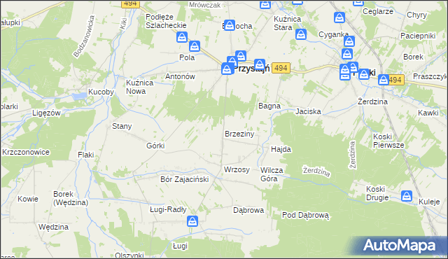 mapa Brzeziny gmina Przystajń, Brzeziny gmina Przystajń na mapie Targeo