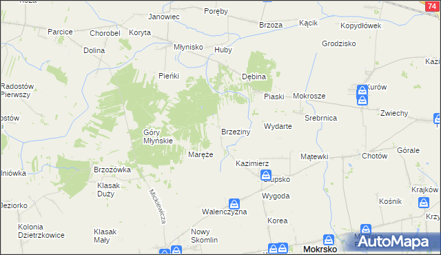 mapa Brzeziny gmina Skomlin, Brzeziny gmina Skomlin na mapie Targeo