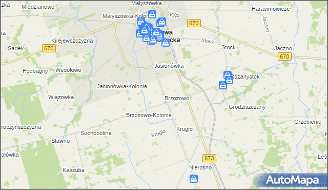 mapa Brzozowo gmina Dąbrowa Białostocka, Brzozowo gmina Dąbrowa Białostocka na mapie Targeo