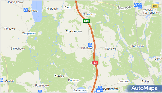 mapa Brzozowo gmina Przybiernów, Brzozowo gmina Przybiernów na mapie Targeo