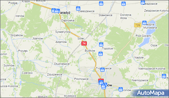 mapa Budków gmina Żarnów, Budków gmina Żarnów na mapie Targeo