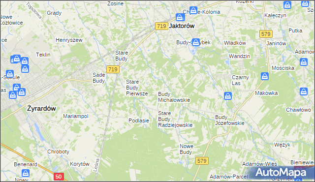 mapa Budy Michałowskie gmina Jaktorów, Budy Michałowskie gmina Jaktorów na mapie Targeo