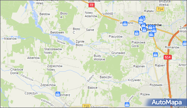 mapa Budy Wolskie gmina Aleksandrów Łódzki, Budy Wolskie gmina Aleksandrów Łódzki na mapie Targeo