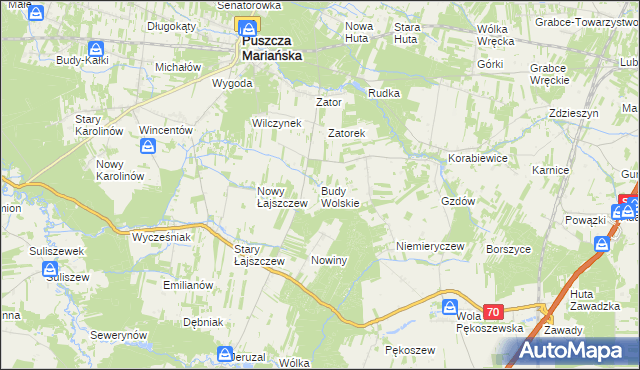 mapa Budy Wolskie gmina Puszcza Mariańska, Budy Wolskie gmina Puszcza Mariańska na mapie Targeo