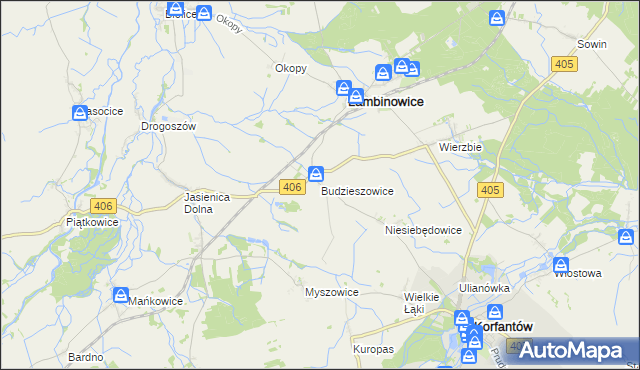 mapa Budzieszowice gmina Łambinowice, Budzieszowice gmina Łambinowice na mapie Targeo