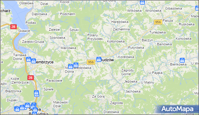 mapa Budzów powiat suski, Budzów powiat suski na mapie Targeo