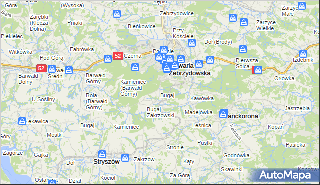 mapa Bugaj gmina Kalwaria Zebrzydowska, Bugaj gmina Kalwaria Zebrzydowska na mapie Targeo