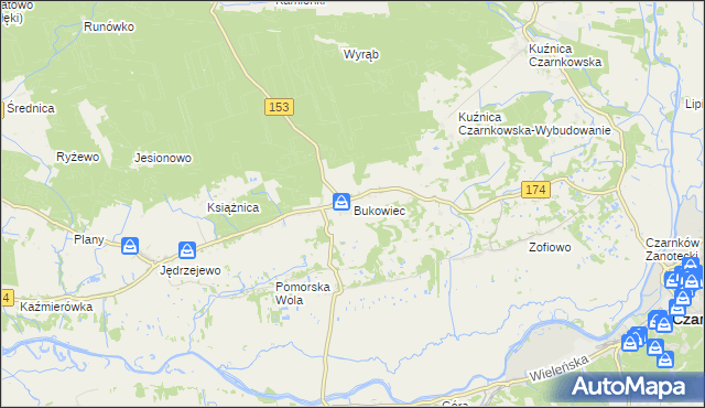 mapa Bukowiec gmina Czarnków, Bukowiec gmina Czarnków na mapie Targeo