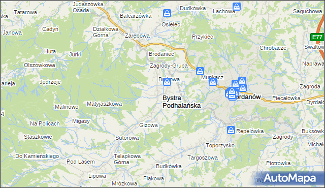 mapa Bystra Podhalańska, Bystra Podhalańska na mapie Targeo