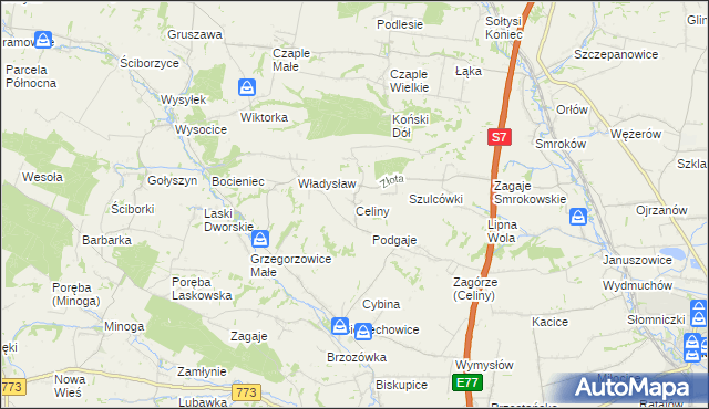 mapa Celiny gmina Iwanowice, Celiny gmina Iwanowice na mapie Targeo