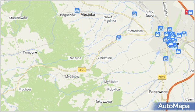 mapa Chełmiec gmina Męcinka, Chełmiec gmina Męcinka na mapie Targeo