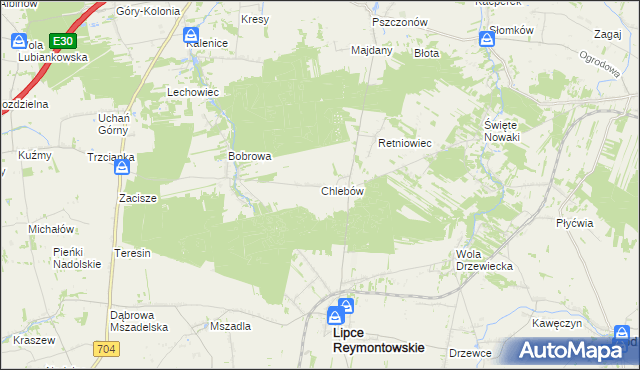 mapa Chlebów gmina Lipce Reymontowskie, Chlebów gmina Lipce Reymontowskie na mapie Targeo