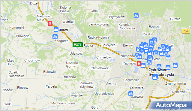 mapa Chmielów gmina Bodzechów, Chmielów gmina Bodzechów na mapie Targeo