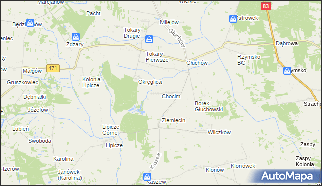 mapa Chocim gmina Kawęczyn, Chocim gmina Kawęczyn na mapie Targeo