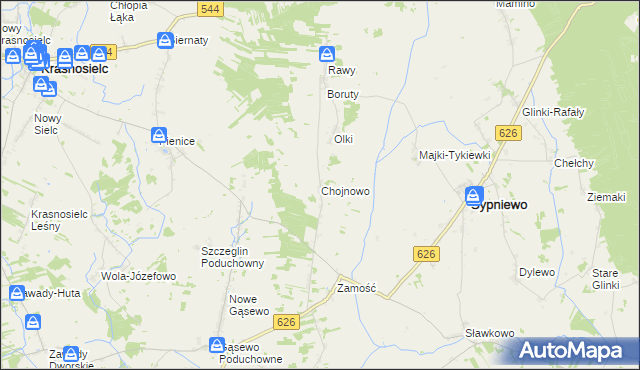 mapa Chojnowo gmina Sypniewo, Chojnowo gmina Sypniewo na mapie Targeo