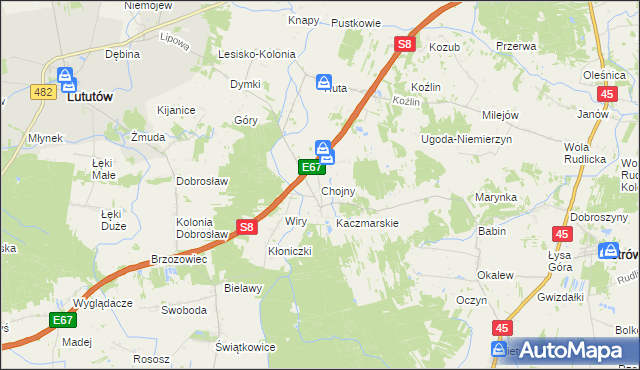 mapa Chojny gmina Lututów, Chojny gmina Lututów na mapie Targeo