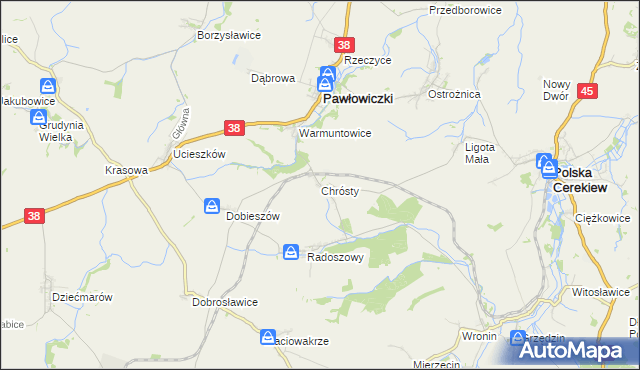 mapa Chrósty gmina Pawłowiczki, Chrósty gmina Pawłowiczki na mapie Targeo