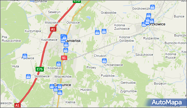 mapa Chruścin gmina Gomunice, Chruścin gmina Gomunice na mapie Targeo