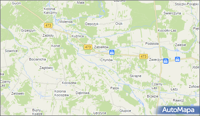 mapa Chynów gmina Drużbice, Chynów gmina Drużbice na mapie Targeo