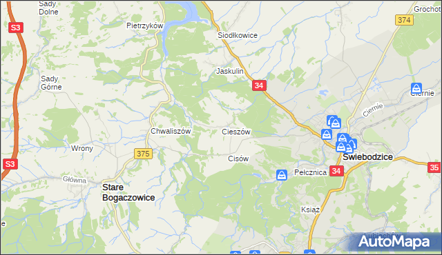 mapa Cieszów gmina Stare Bogaczowice, Cieszów gmina Stare Bogaczowice na mapie Targeo