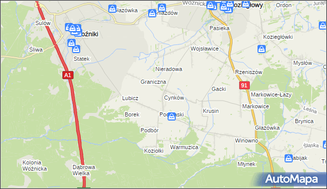 mapa Cynków gmina Koziegłowy, Cynków gmina Koziegłowy na mapie Targeo