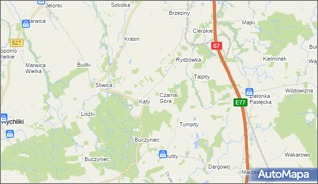 mapa Czarna Góra gmina Pasłęk, Czarna Góra gmina Pasłęk na mapie Targeo