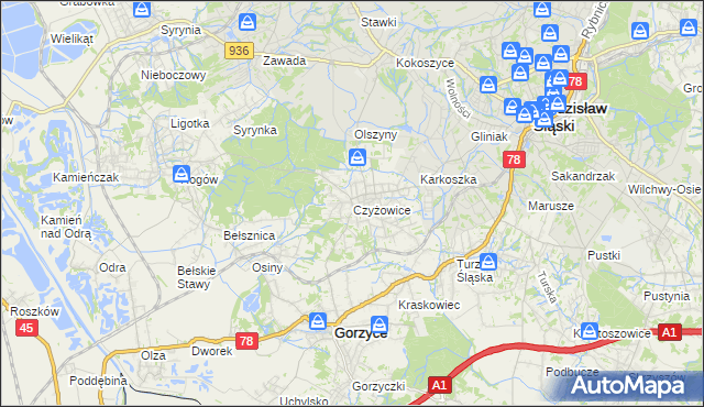 mapa Czyżowice gmina Gorzyce, Czyżowice gmina Gorzyce na mapie Targeo