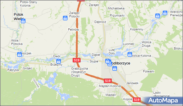 mapa Dąbie gmina Modliborzyce, Dąbie gmina Modliborzyce na mapie Targeo