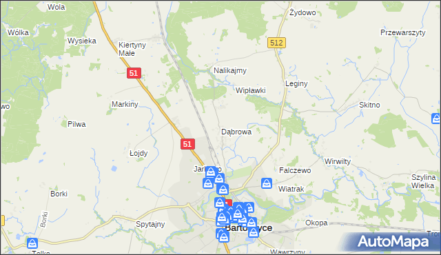 mapa Dąbrowa gmina Bartoszyce, Dąbrowa gmina Bartoszyce na mapie Targeo