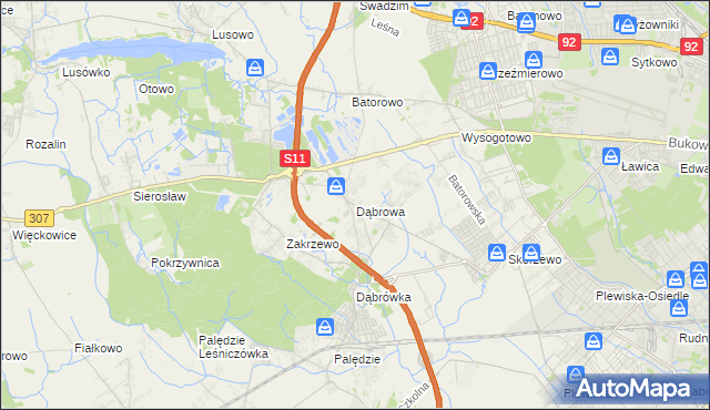 mapa Dąbrowa gmina Dopiewo, Dąbrowa gmina Dopiewo na mapie Targeo