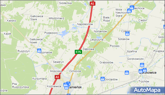 mapa Dąbrowa gmina Kamieńsk, Dąbrowa gmina Kamieńsk na mapie Targeo