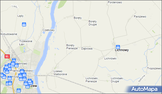 mapa Dąbrowa gmina Lichnowy, Dąbrowa gmina Lichnowy na mapie Targeo