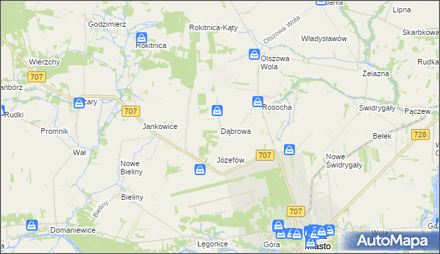 mapa Dąbrowa gmina Nowe Miasto nad Pilicą, Dąbrowa gmina Nowe Miasto nad Pilicą na mapie Targeo