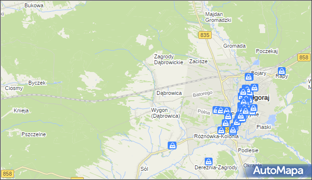 mapa Dąbrowica gmina Biłgoraj, Dąbrowica gmina Biłgoraj na mapie Targeo