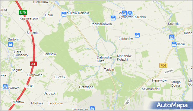 mapa Dąbrówka Duża gmina Brzeziny, Dąbrówka Duża gmina Brzeziny na mapie Targeo