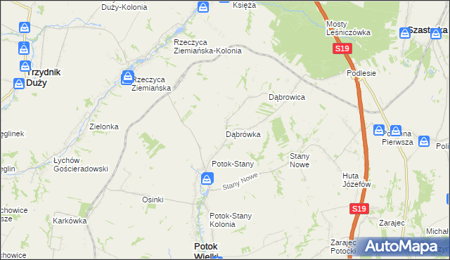 mapa Dąbrówka gmina Potok Wielki, Dąbrówka gmina Potok Wielki na mapie Targeo